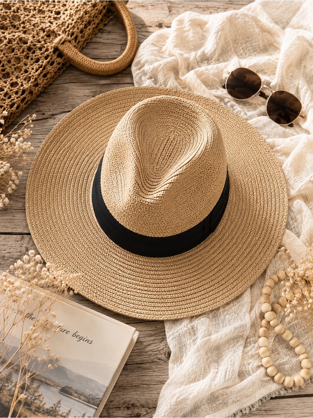 Boho Wide Brim Straw Sun Hat with Black Band